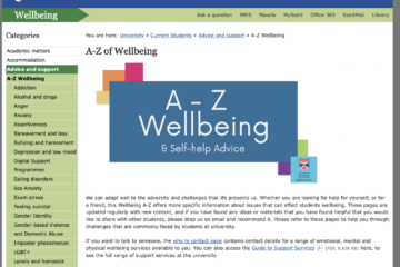 The homepage of the 'A to Z Wellbeing' section of the university website.