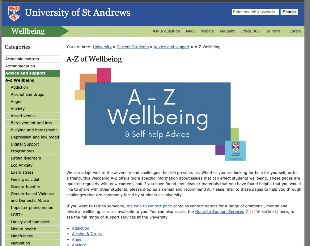 The homepage of the 'A to Z Wellbeing' section of the university website.